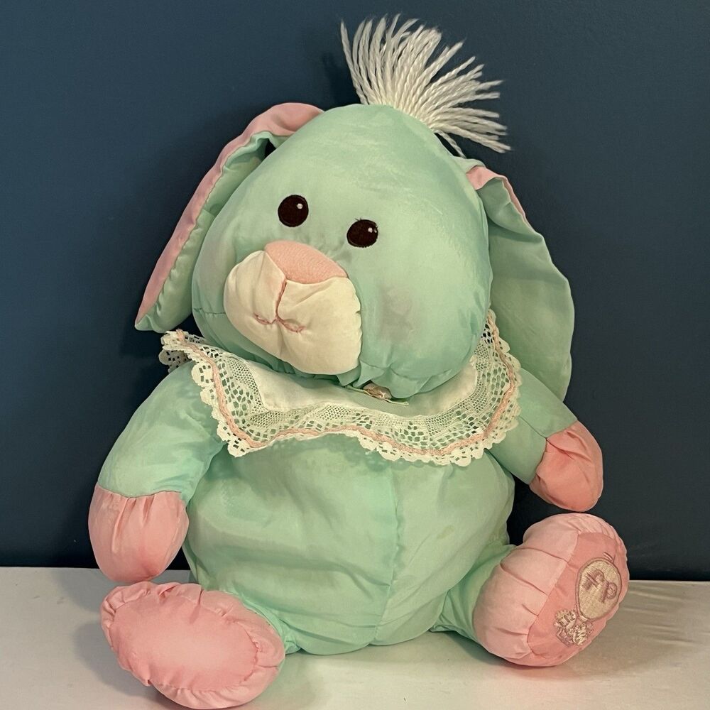 Fisher Price Puffalumps Bunny Rabbit Mint Green Pink 8022 Lace 10" 1986 *READ
